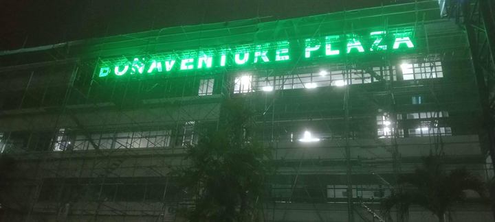 Bonaventure Plaza green-lit stainless steel letters
